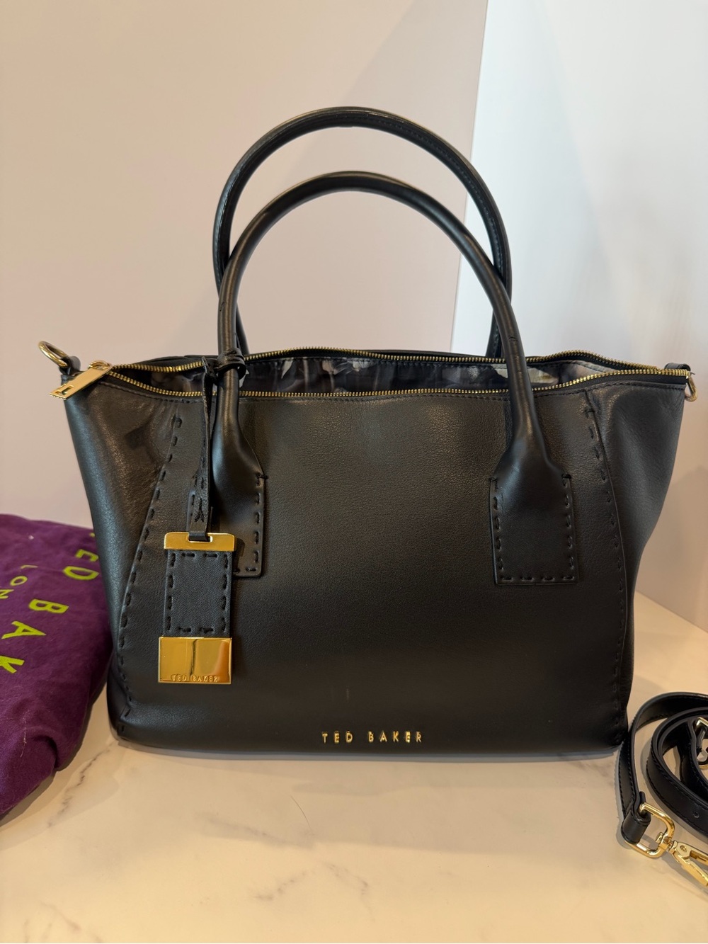 Ted Baker Paigee Black Leather Structured Satchel with Gold Hardware